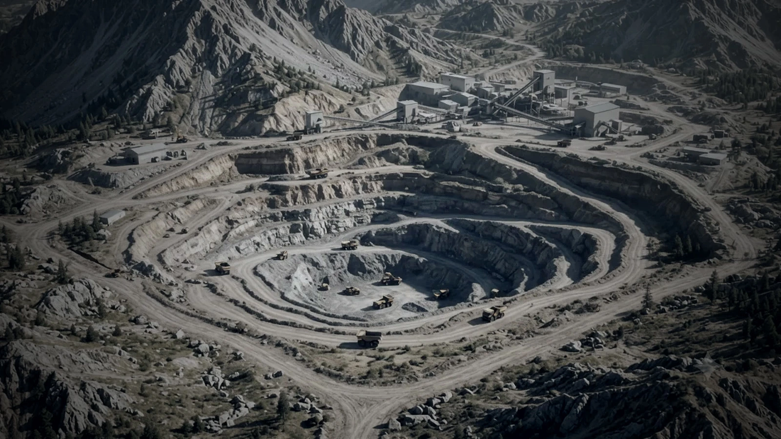 An open-pit mine seen from the air, its benches cut back through the rock