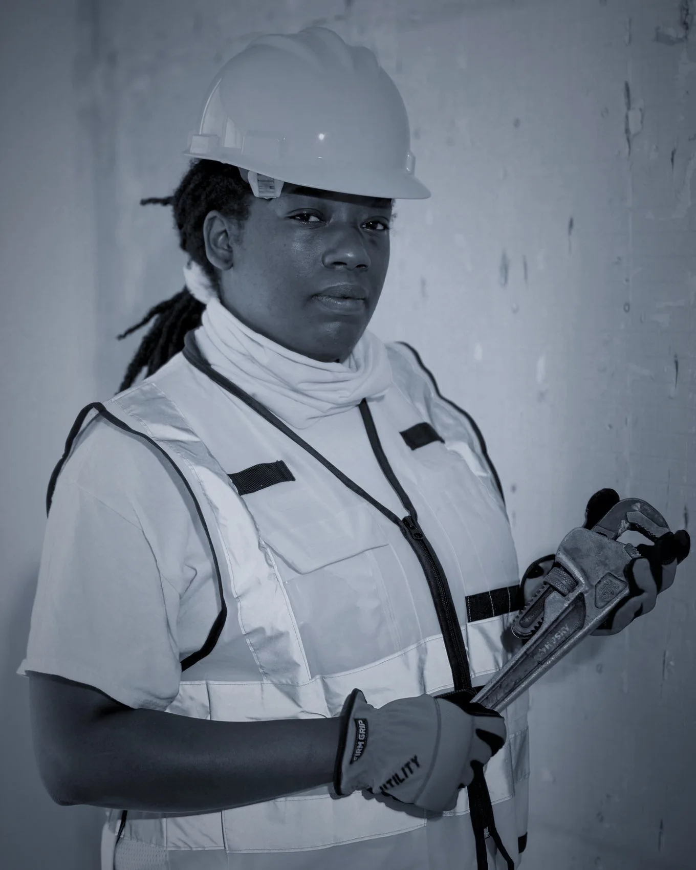 A worker in a hard hat and high-visibility vest holding a pipe wrench